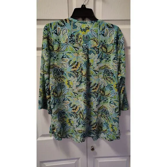 Liz Claiborne Blue & Green Paisley Floral Pleated V-Neck Tunic Top Size XXL - Picture 2 of 6
